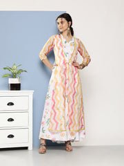 White Chevron Printed Layered Maxi Ethnic Dress-AHEDCRDP-139