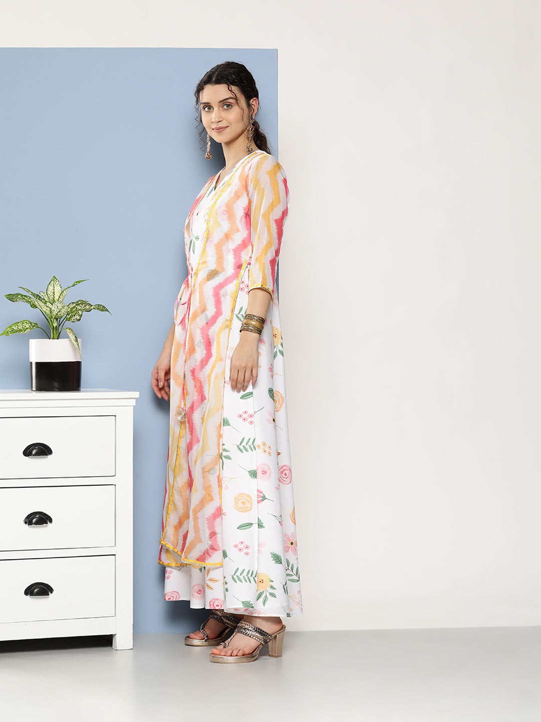 White Chevron Printed Layered Maxi Indian Dresses Online