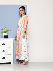 White Chevron Printed Layered Maxi Ethnic Dress-AHEDCRDP-139