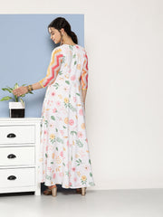 White Chevron Printed Layered Maxi Ethnic Dress-AHEDCRDP-139
