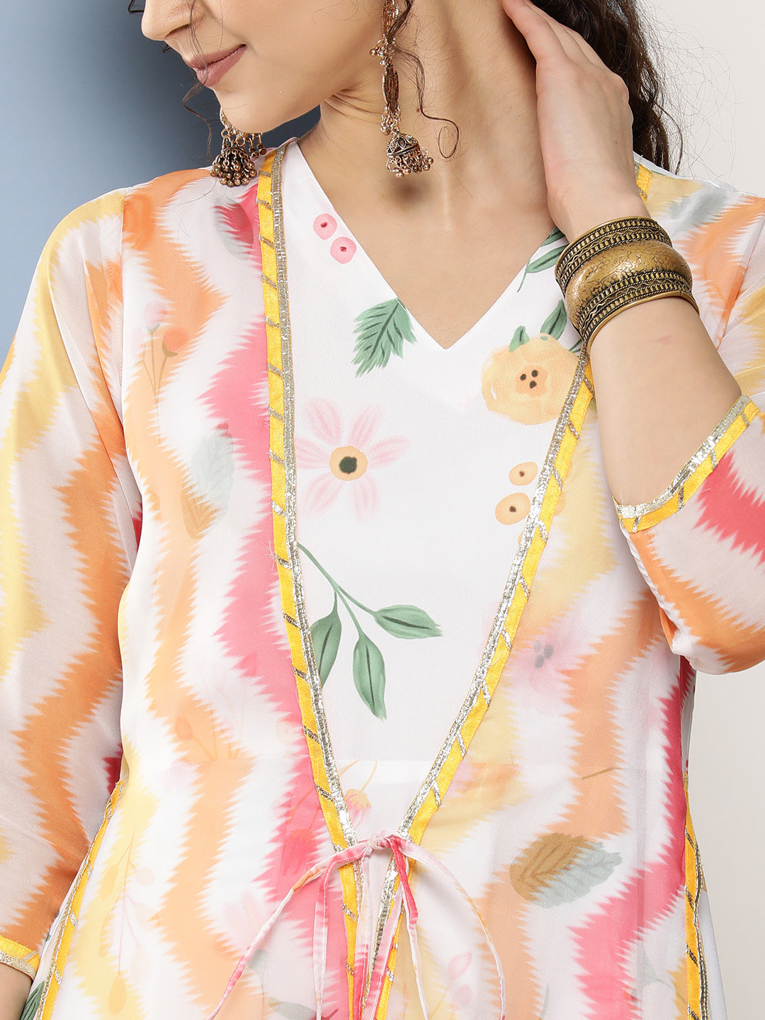 White Chevron Printed Layered Maxi Indian Dresses Online
