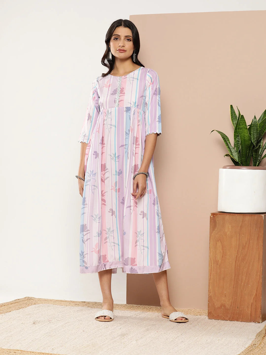 Lavender Floral Printed Indian Dress Online - Maxi Style