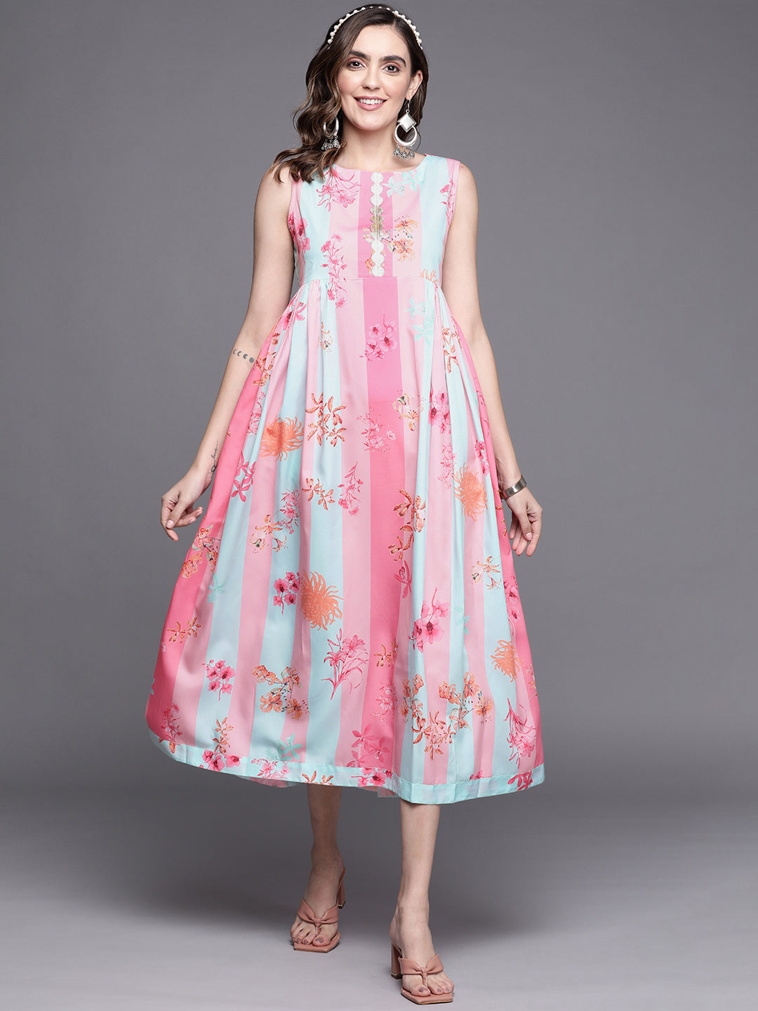 Women Floral Printed Empire Midi Ethnic Dress-AHEDCRDP-147-ICH