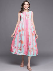 Women Floral Printed Empire Midi Ethnic Dress-AHEDCRDP-147-ICH