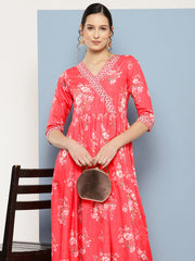 Floral Printed Pleated Maxi Empire Ethnic Dress-AHEDCRDP-151