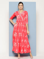 Floral Printed Pleated Maxi Empire Ethnic Dress-AHEDCRDP-151