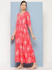 Floral Printed Pleated Maxi Empire Ethnic Dress-AHEDCRDP-151