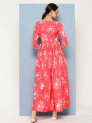 Floral Printed Pleated Maxi Empire Ethnic Dress-AHEDCRDP-151