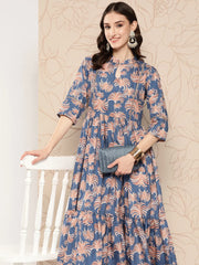 Floral Printed Gathered Crepe Empire Ethnic Dress-AHEDCRDP-175