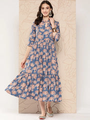 Floral Printed Gathered Crepe Empire Ethnic Dress-AHEDCRDP-175