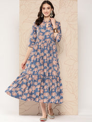 Floral Printed Gathered Crepe Empire Ethnic Dress-AHEDCRDP-175