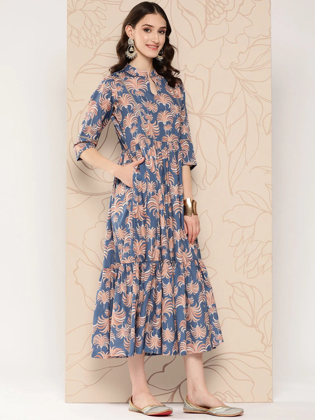 Floral Printed Empire Dress | Gathered Crepe | Indian Dresses