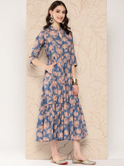 Floral Printed Gathered Crepe Empire Ethnic Dress-AHEDCRDP-175