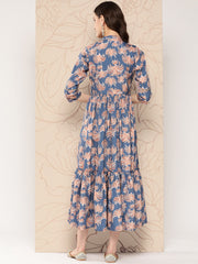 Floral Printed Gathered Crepe Empire Ethnic Dress-AHEDCRDP-175