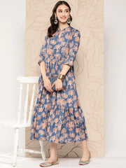 Floral Printed Gathered Crepe Empire Ethnic Dress-AHEDCRDP-175