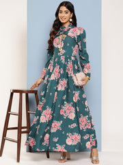 Floral Print Puff Sleeves Tie-Up Neck Crepe Ethnic Gown With Cut-Out Detail-AHEDCRDP-195-ICH