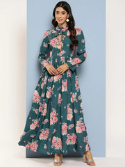Floral Print Puff Sleeves Tie-Up Neck Crepe Ethnic Gown With Cut-Out Detail-AHEDCRDP-195-ICH