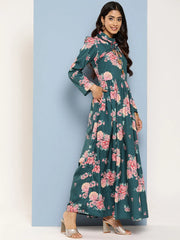 Floral Print Puff Sleeves Tie-Up Neck Crepe Ethnic Gown With Cut-Out Detail-AHEDCRDP-195-ICH