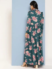 Floral Print Puff Sleeves Tie-Up Neck Crepe Ethnic Gown With Cut-Out Detail-AHEDCRDP-195-ICH
