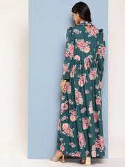 Floral Print Puff Sleeves Tie-Up Neck Crepe Ethnic Gown With Cut-Out Detail-AHEDCRDP-195-ICH