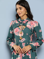 Floral Print Puff Sleeves Tie-Up Neck Crepe Ethnic Gown With Cut-Out Detail-AHEDCRDP-195-ICH