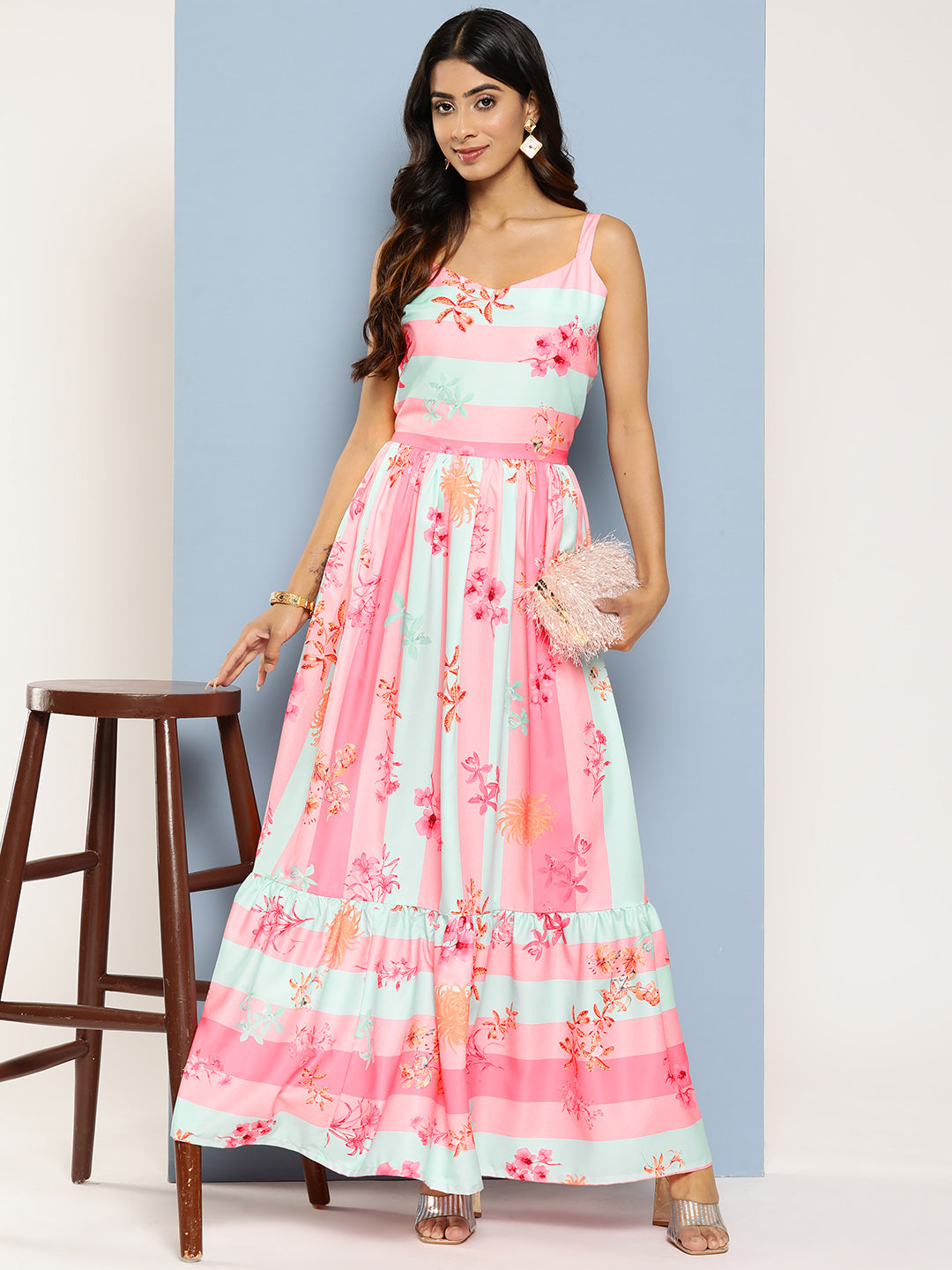 Striped Floral Print Crepe Maxi Ethnic Dress-AHEDCRDP-201-ICH