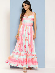 Striped Floral Print Crepe Maxi Ethnic Dress-AHEDCRDP-201-ICH