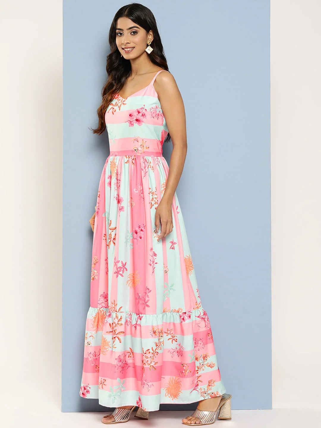Striped Floral Crepe Maxi Dress | Indian Dresses Online