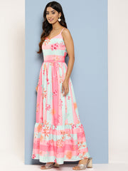 Striped Floral Print Crepe Maxi Ethnic Dress-AHEDCRDP-201-ICH