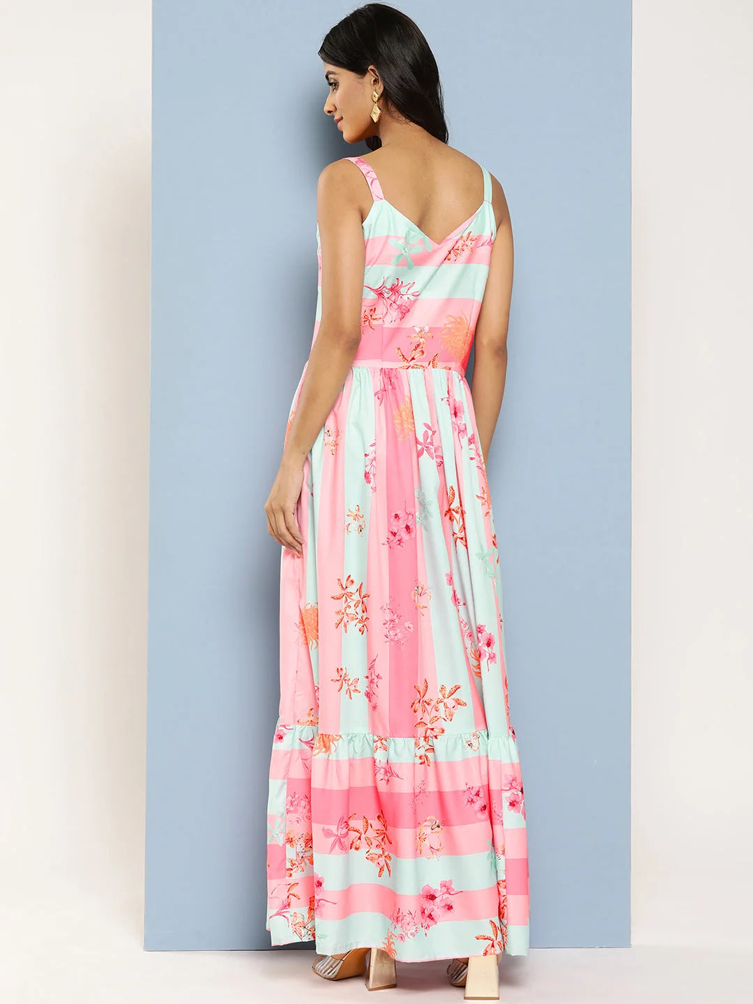 Striped Floral Crepe Maxi Dress | Indian Dresses Online