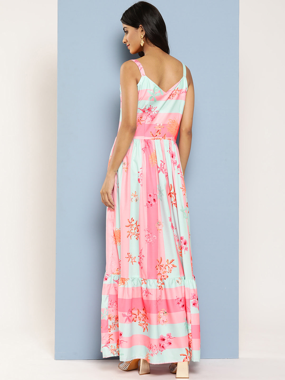 Striped Floral Crepe Maxi Dress | Indian Dresses Online