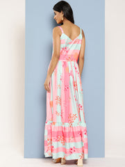 Striped Floral Print Crepe Maxi Ethnic Dress-AHEDCRDP-201-ICH
