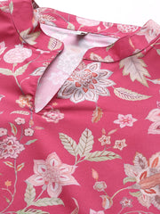 Floral Print Mandarin Collar Crepe Ethnic Dress-AHEDCRDP-228