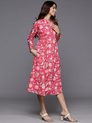 Floral Print Mandarin Collar Crepe Ethnic Dress-AHEDCRDP-228