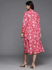 Floral Print Mandarin Collar Crepe Ethnic Dress-AHEDCRDP-228