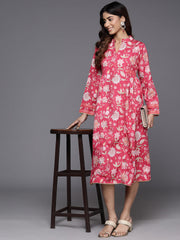 Floral Print Mandarin Collar Crepe Ethnic Dress-AHEDCRDP-228