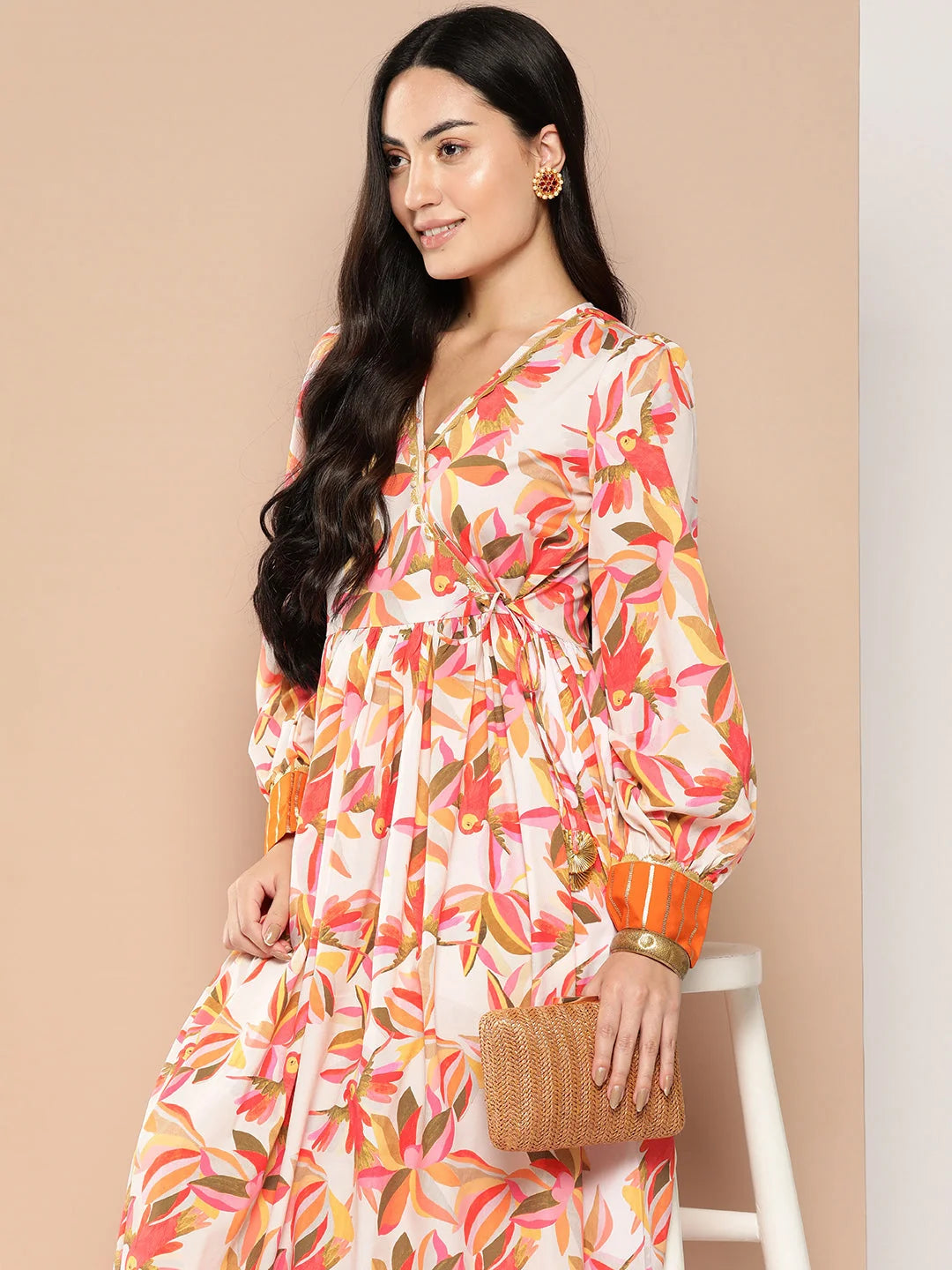 Floral Printed Tie-Ups Crepe Empire Ethnic Dress-AHEDCRDPFP-152