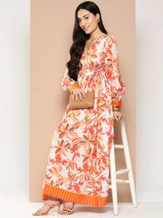 Floral Printed Tie-Ups Crepe Empire Ethnic Dress-AHEDCRDPFP-152