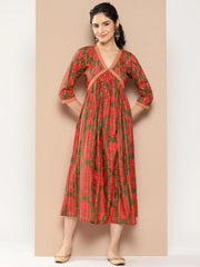 Green & Red Floral Print Flared A-Line Midi Dress-AHEDCRDPFP-176-ICH