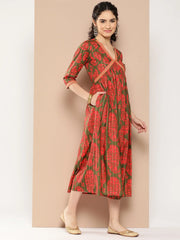 Green & Red Floral Print Flared A-Line Midi Dress-AHEDCRDPFP-176-ICH