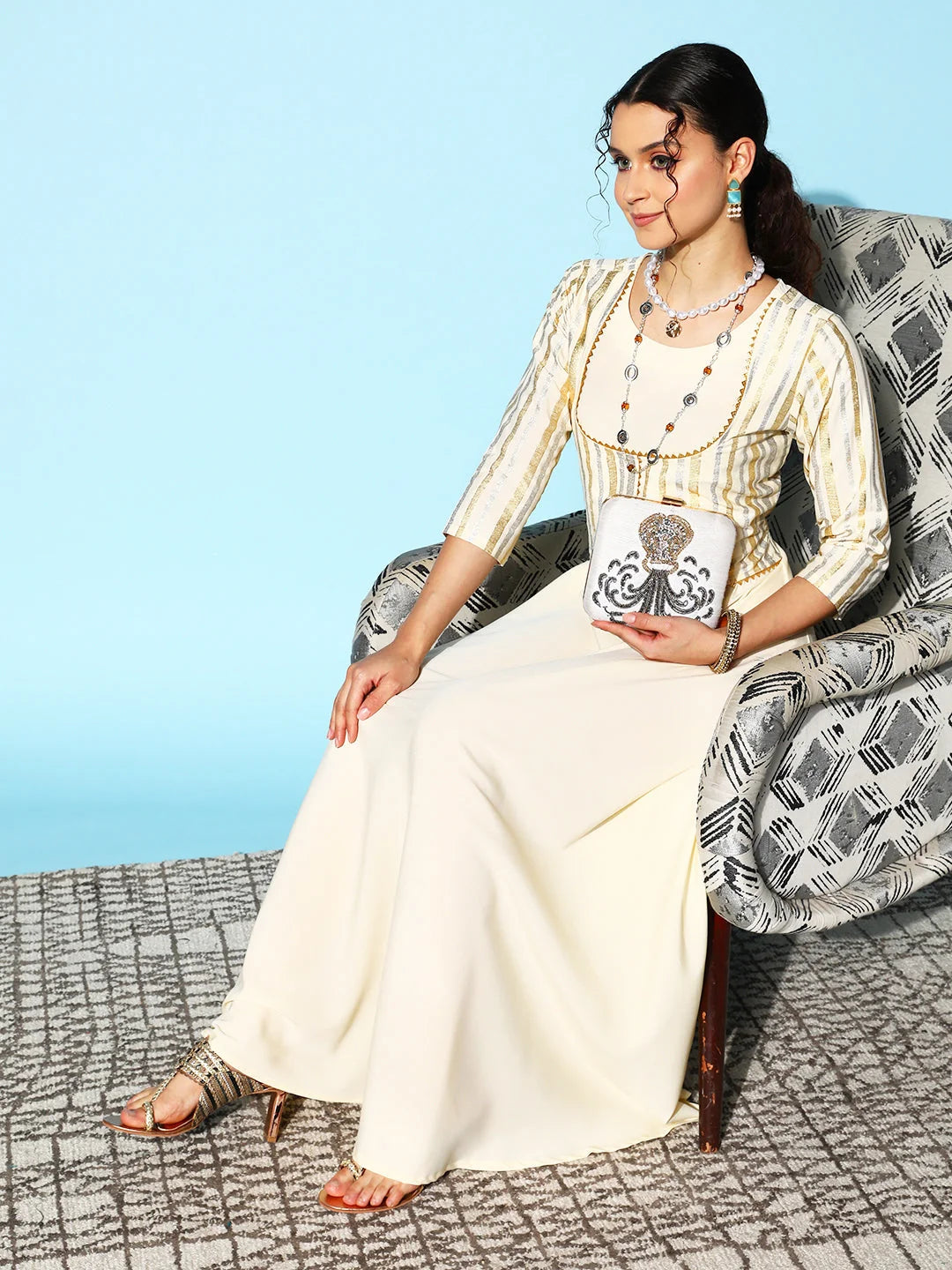 Off White Striped Maxi Indian Dress with Gotta Patti Detail