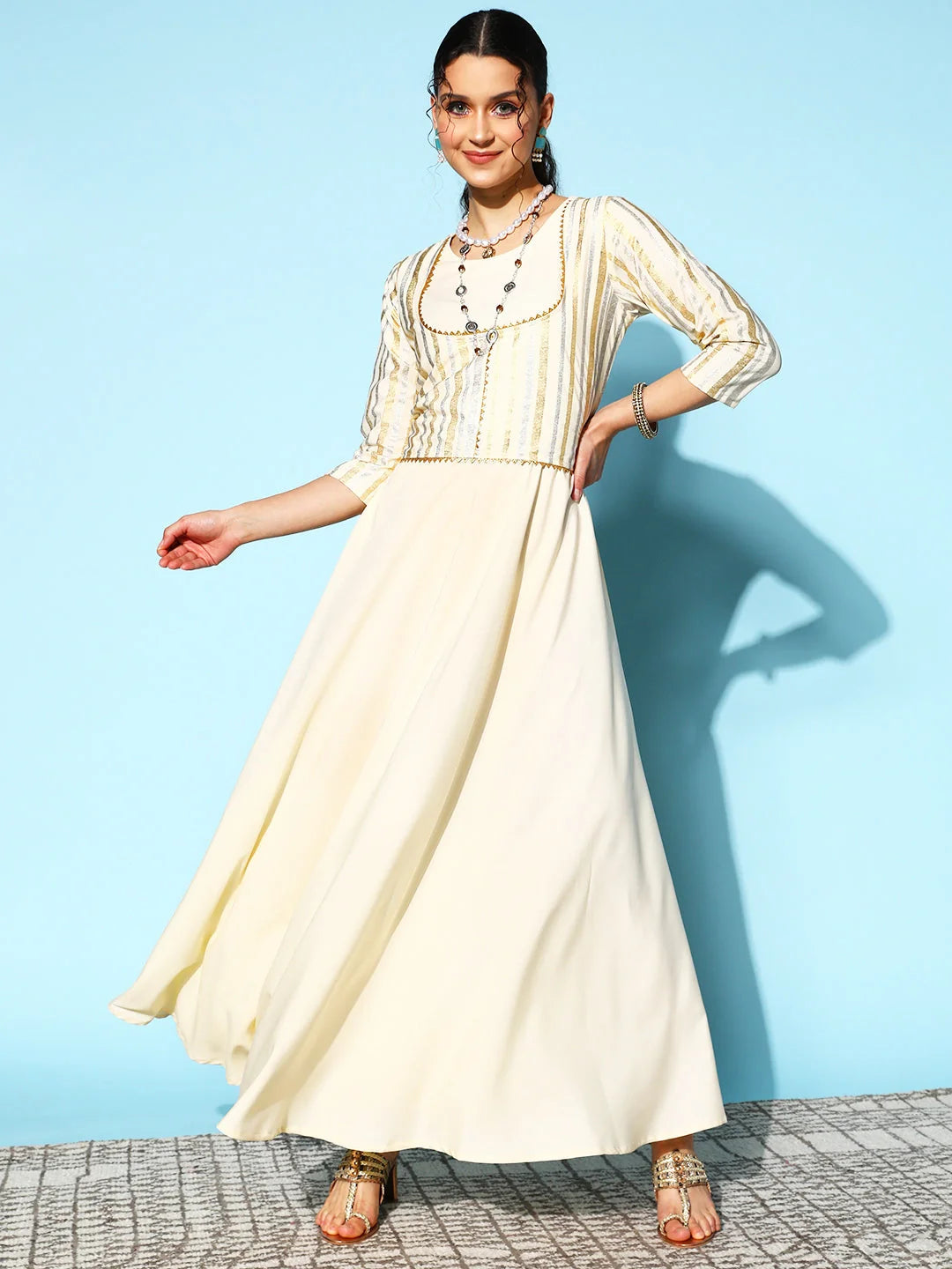 Off White Striped Maxi Indian Dress with Gotta Patti Detail