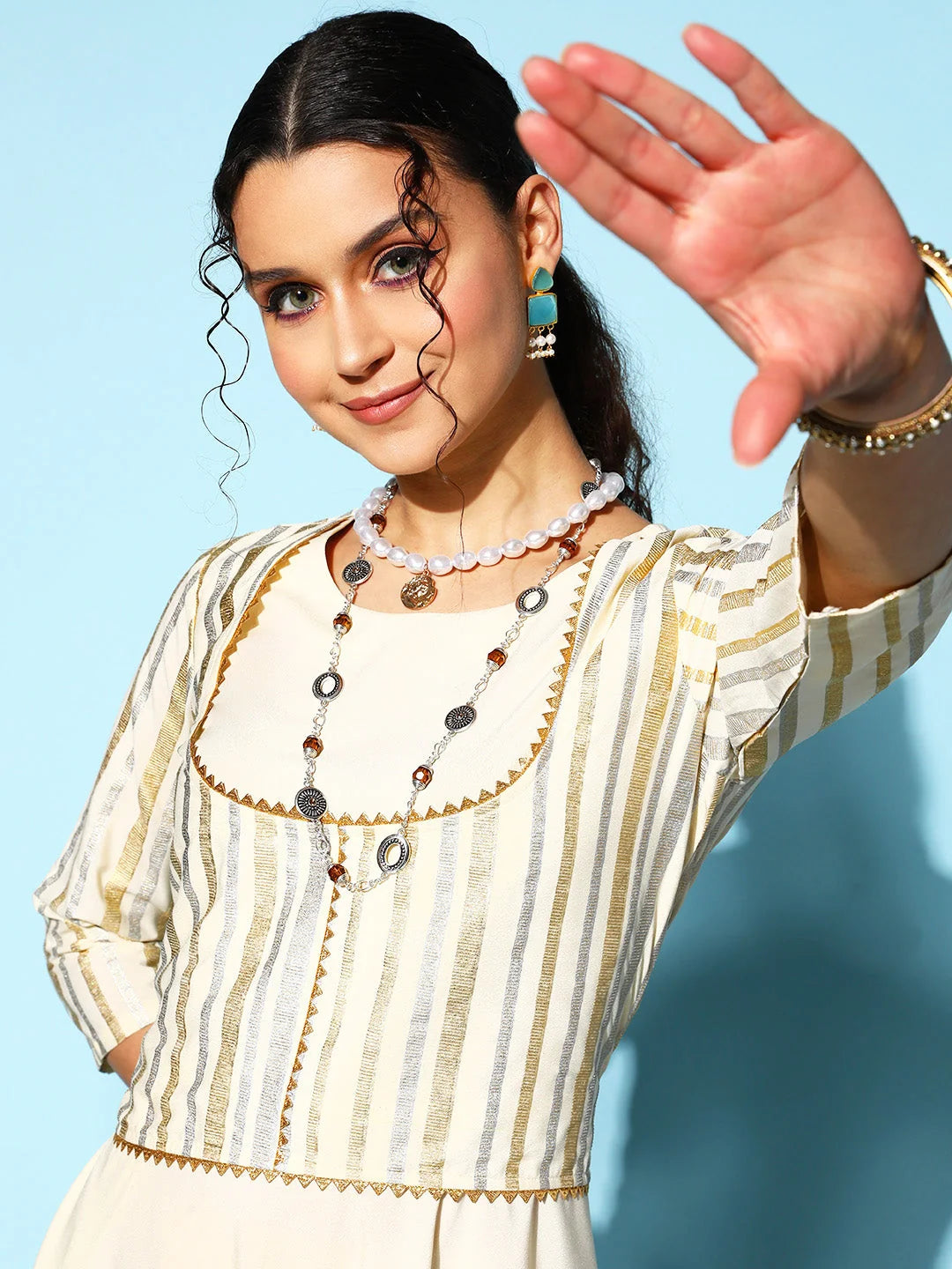 Off White Striped Maxi Indian Dress with Gotta Patti Detail