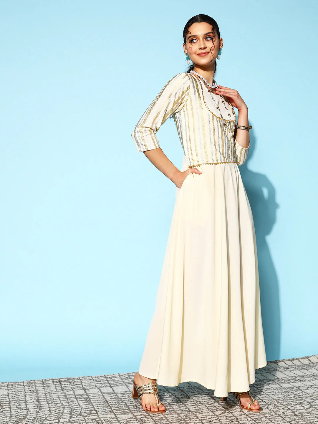 Off White Striped Maxi Indian Dress with Gotta Patti Detail