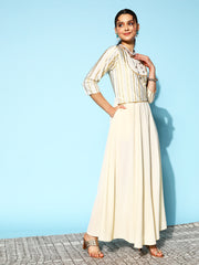 Off White Striped Maxi Ethnic Dress With Gotta Patti Detail-AHEDCRFP-150-FF