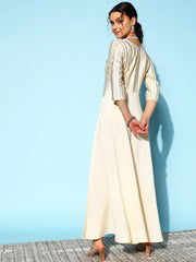 Off White Striped Maxi Ethnic Dress With Gotta Patti Detail-AHEDCRFP-150-FF