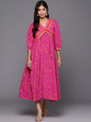 Floral Print Puff Sleeve A-Line Midi Dress-AHEDCRKH-224