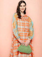 Checked Tie-Up Neck Sequined Ethnic A-Line Midi Dress-AHEDCRORDP-208-ICH