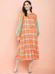 Checked Tie-Up Neck Sequined Ethnic A-Line Midi Dress-AHEDCRORDP-208-ICH