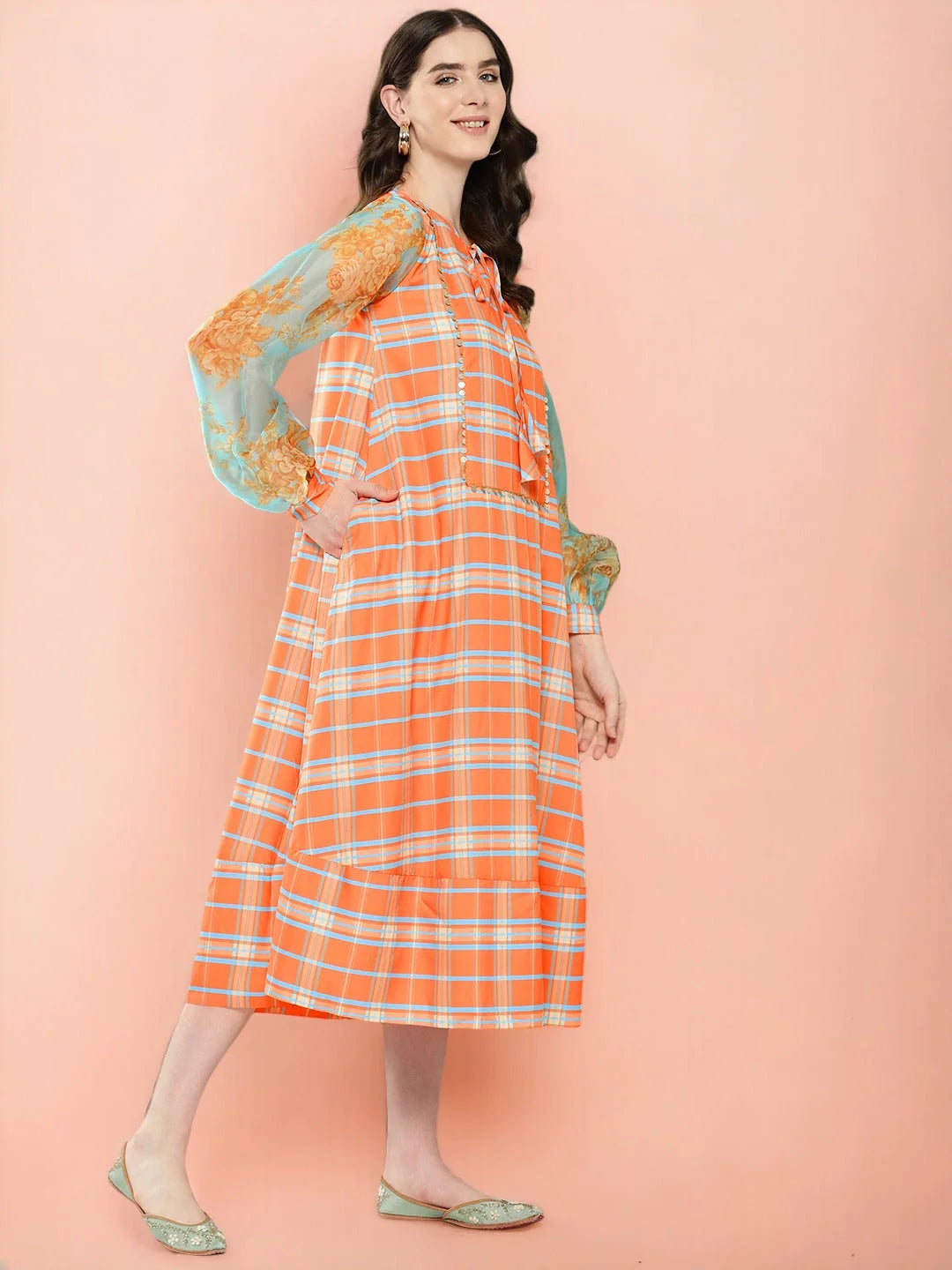 Sequined Checked Midi Dress - Indian Cotton Dresses Online